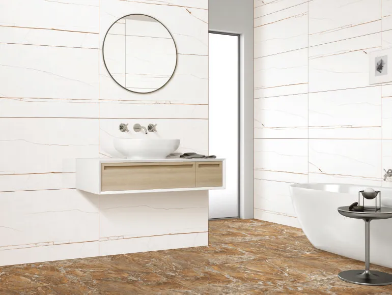 White-bathroom design with with cabinet, round mirror, bathtub